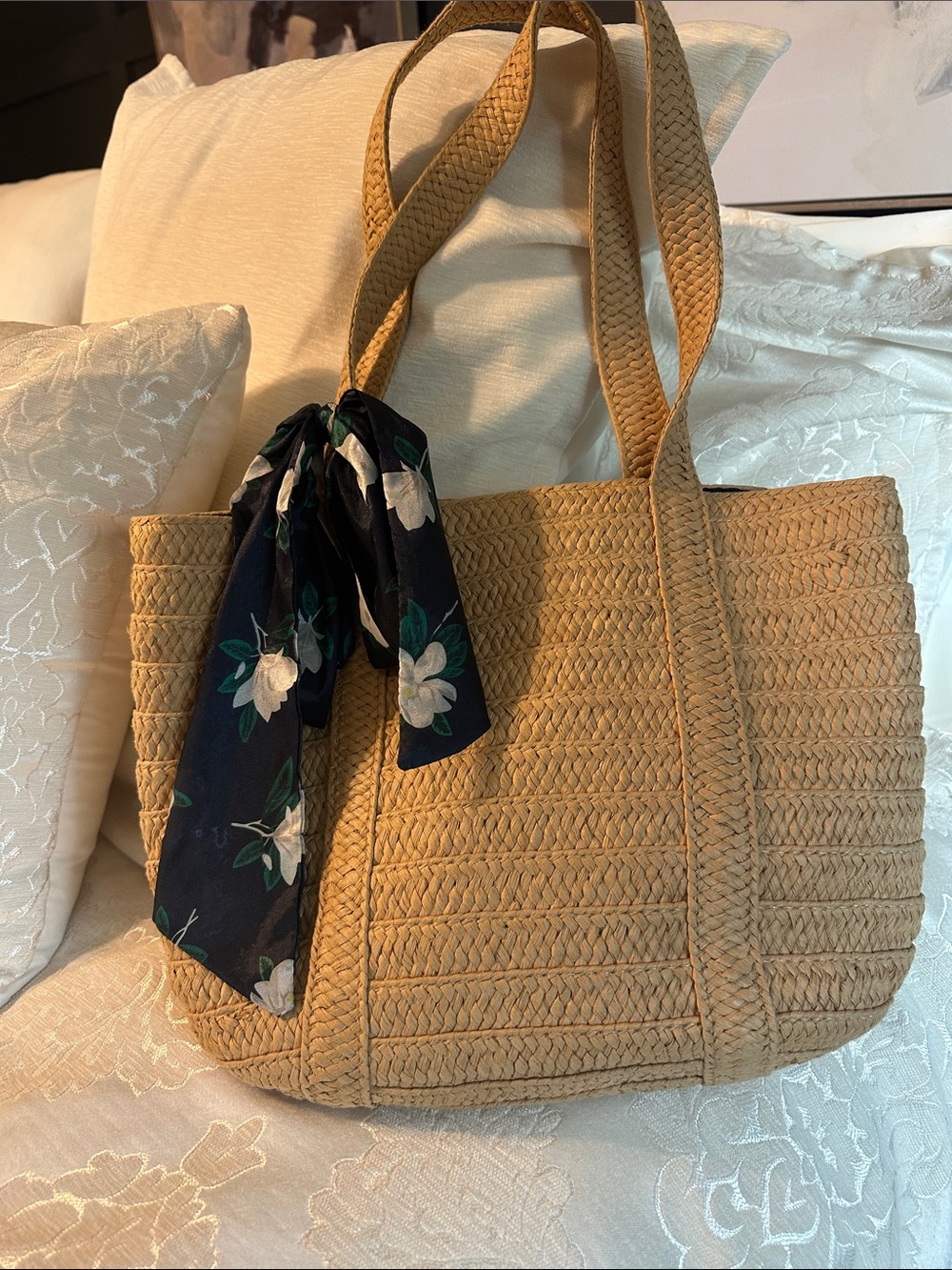 Draper James Beige Woven Straw Tote with Navy Floral Scarf